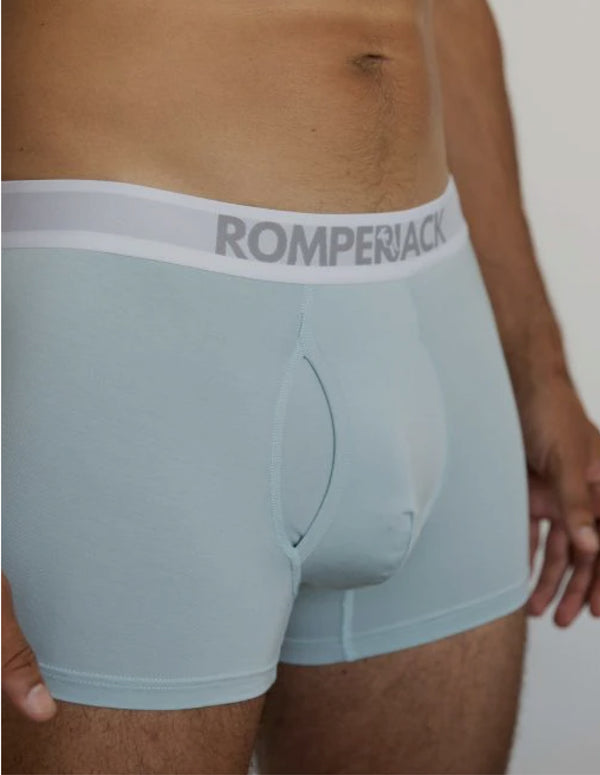 Light blue boxer briefs with white waistband featuring 'ROMPERJACK' brand name.
