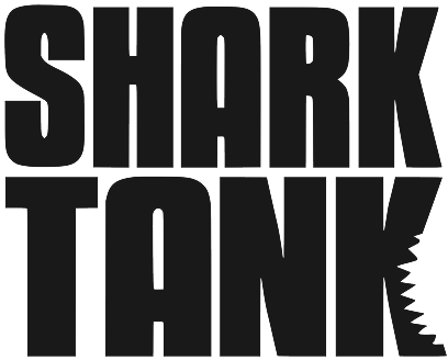 Black 'Shark Tank' logo with a shark mouth design on a white background
