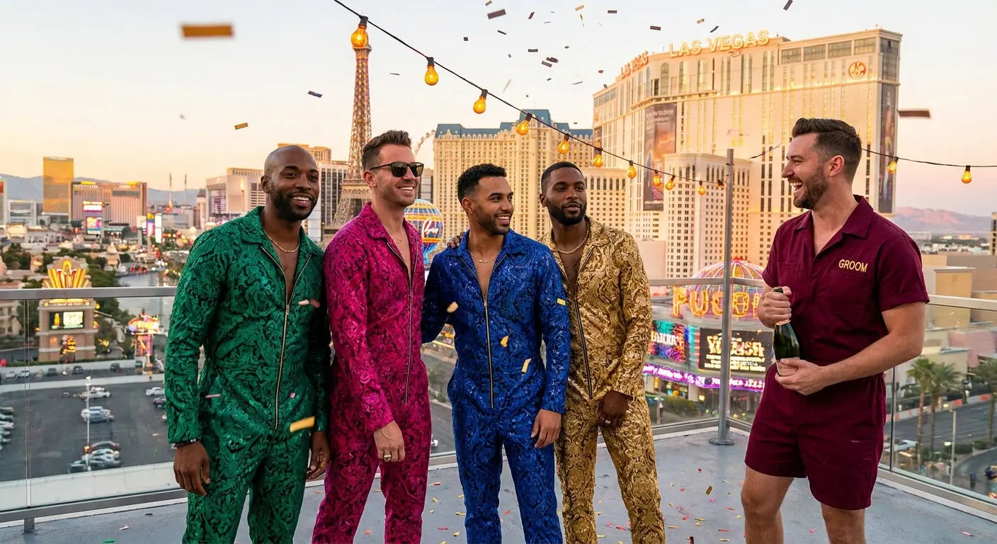 A group of men in coordinated colorful rompers celebrating on a Las Vegas rooftop at sunset with the glowing Strip skyline in the background.