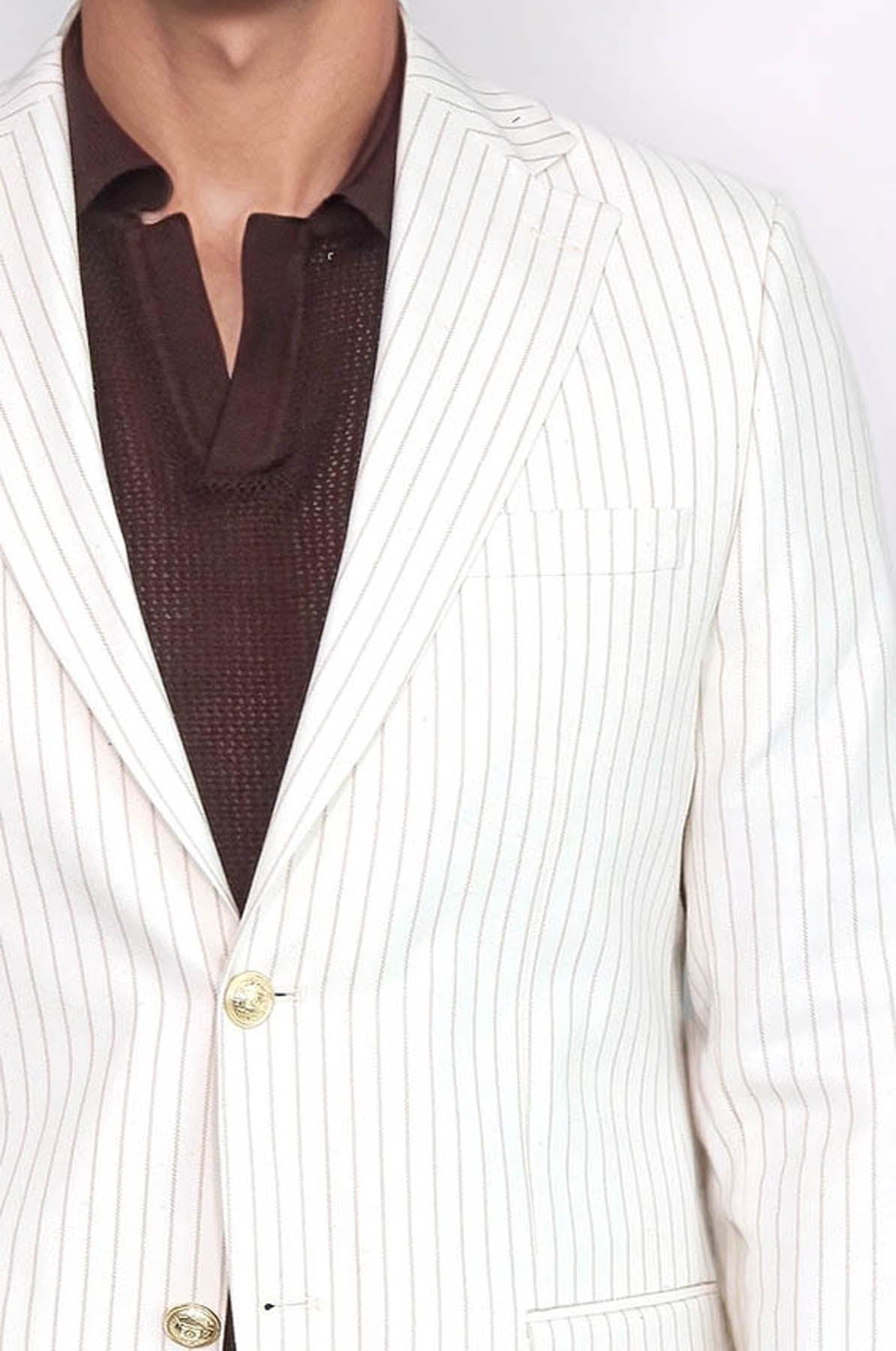 Ecru Striped Linen Gold Metal Button Slim Fit Men's Blazer Jacket - Wessi  