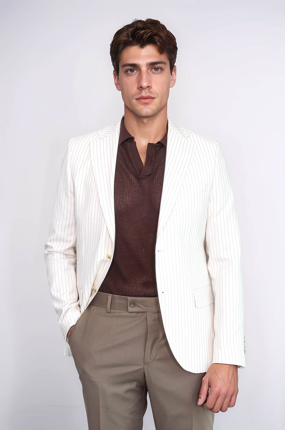 Ecru Striped Linen Gold Metal Button Slim Fit Men's Blazer Jacket - Wessi  