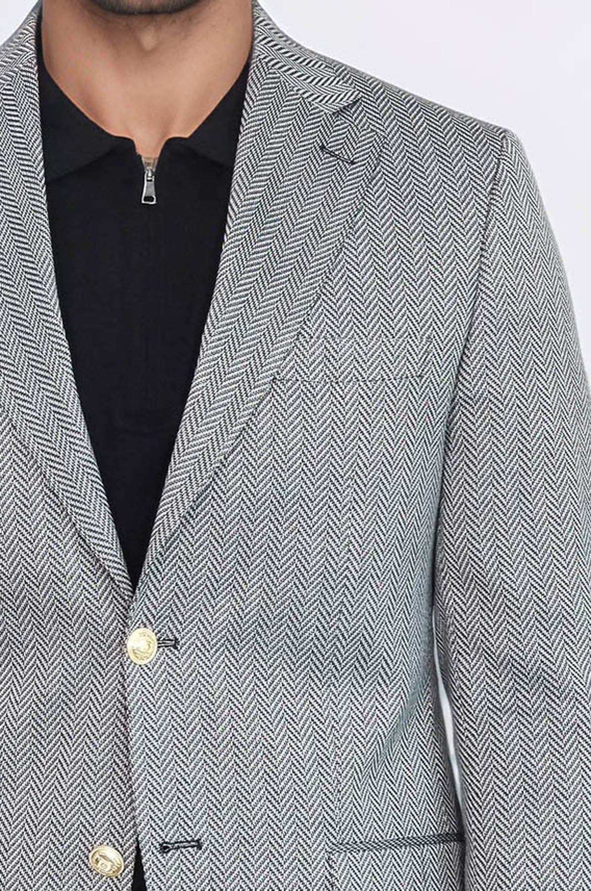 Black Herringbone Pattern Gold Metal Button Slim Fit Men's Blazer Jacket - Wessi  