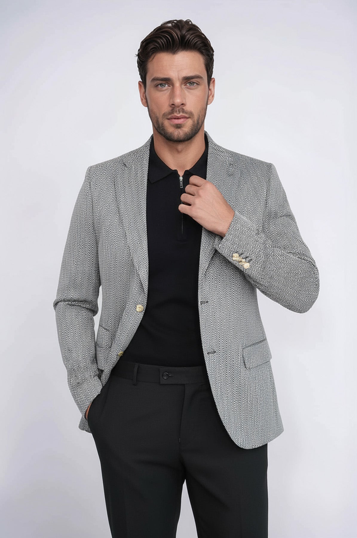 Black Herringbone Pattern Gold Metal Button Slim Fit Men's Blazer Jacket - Wessi  