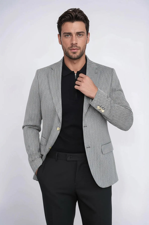 Black Herringbone Pattern Gold Metal Button Slim Fit Men's Blazer Jacket