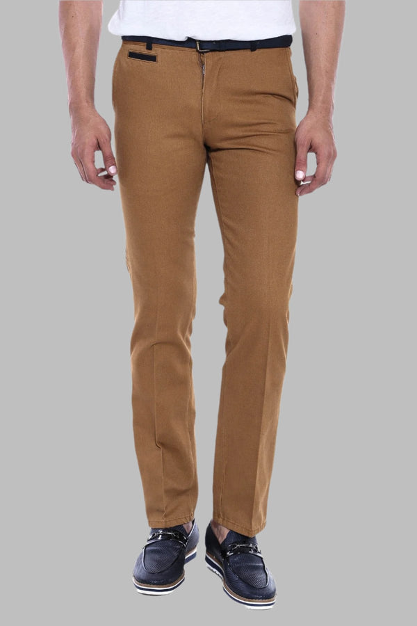 Men’s Tan Slim-Fit Pants with Belt