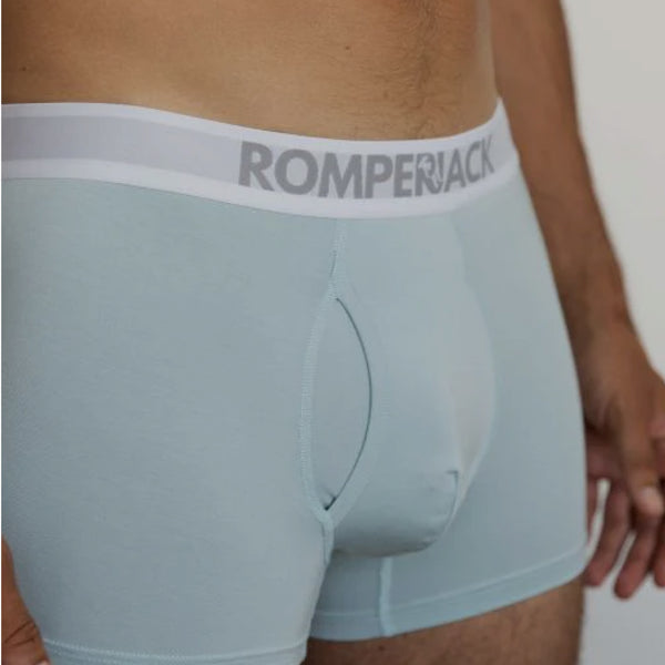 Light blue boxer briefs with white waistband featuring 'ROMPERJACK' brand name.