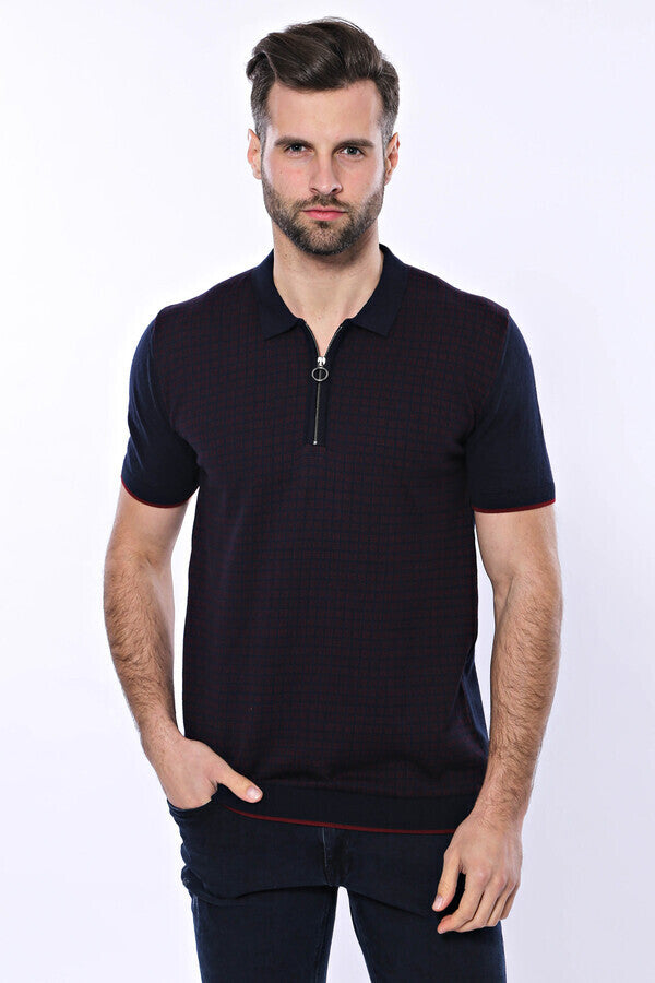 Men’s Navy Plaid Zip Knit Polo