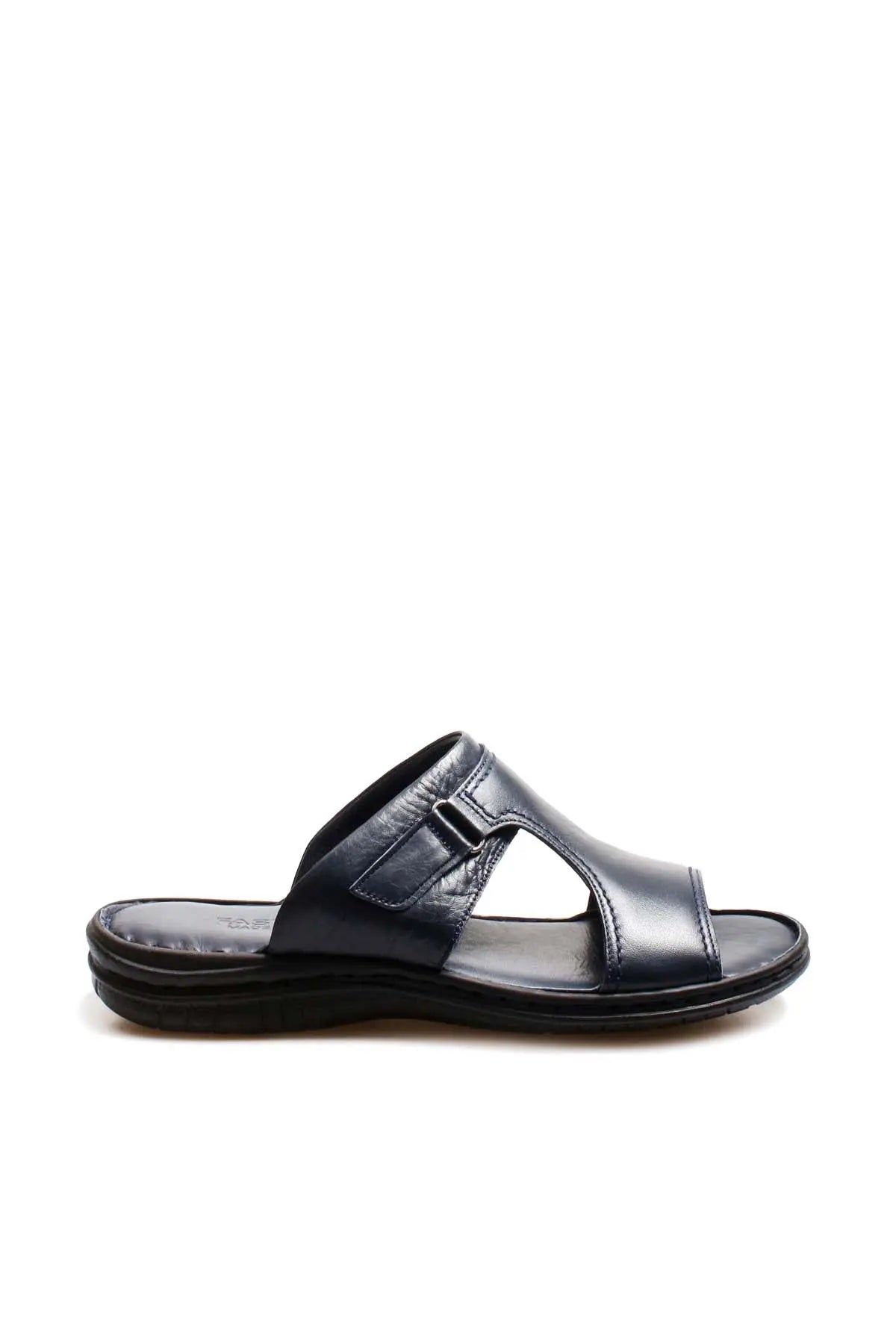 Men's Navy Leather Slide Sandals with Cutout Design - Wessi  