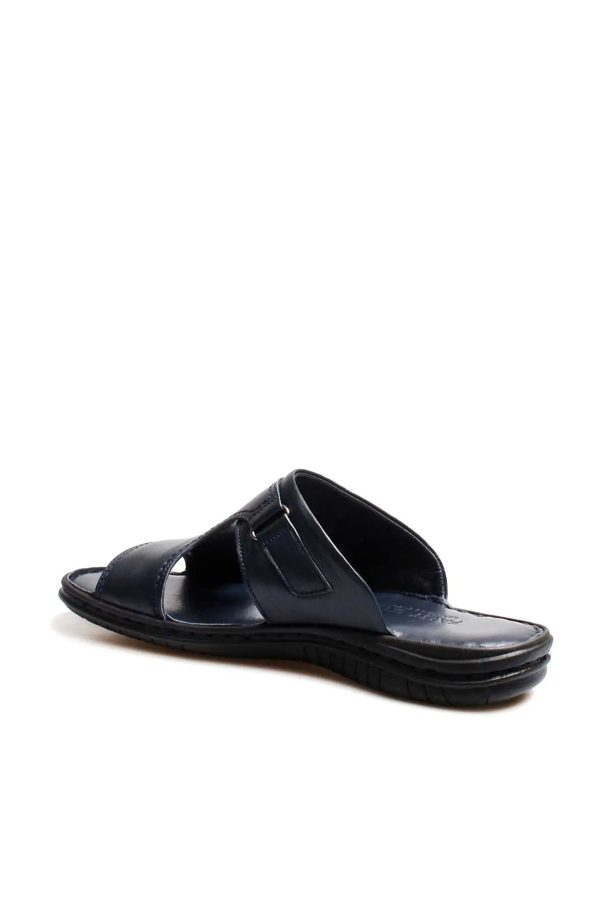 Men's Navy Leather Slide Sandals with Cutout Design - Wessi  