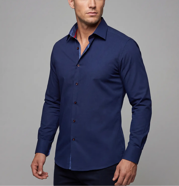 Kevin // Cotton Knit-Stretch Button-Up Shirt With Contrast Details // Navy // Tailored Fit (Fitted)