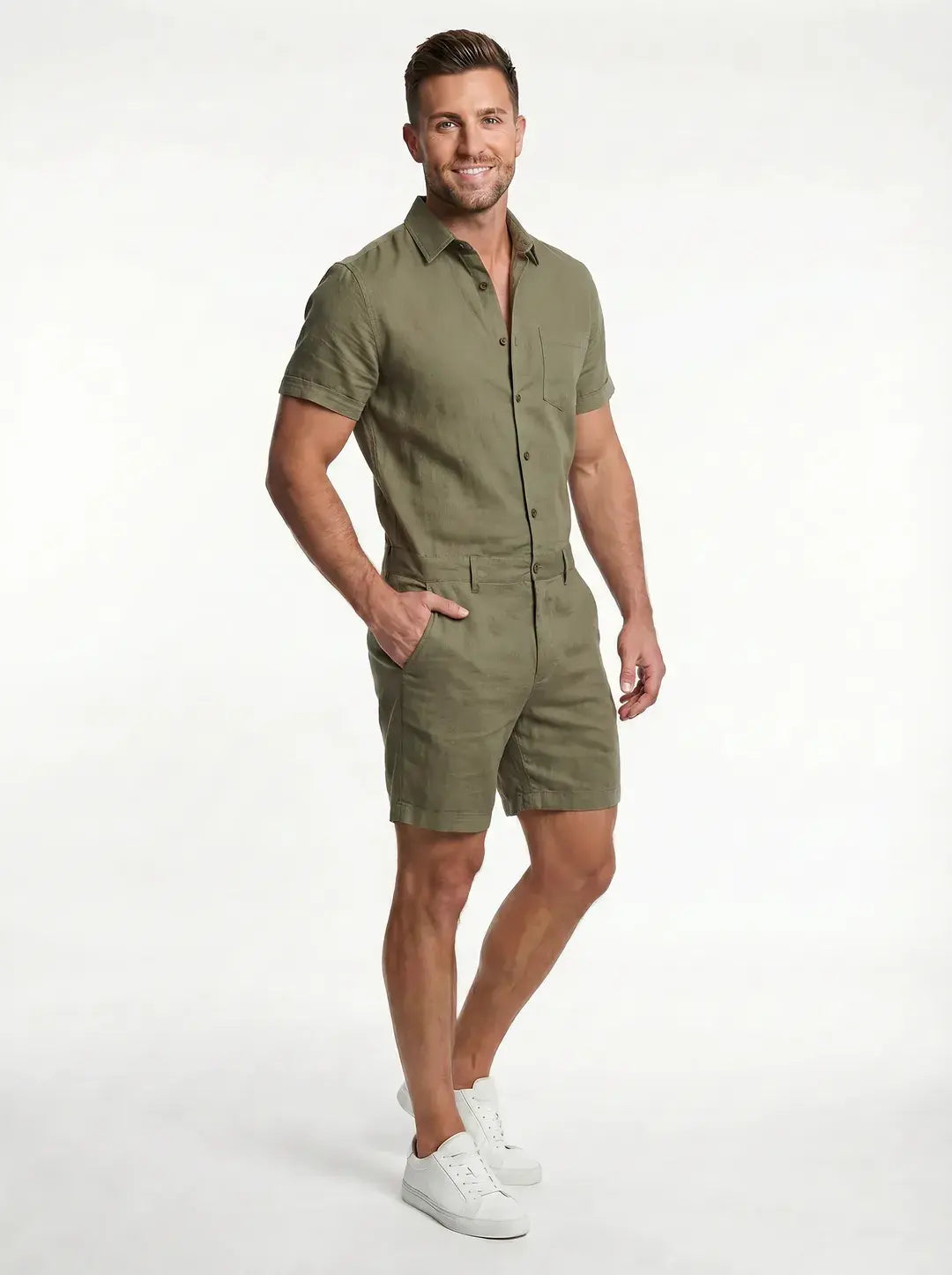 Olive Men's Linen Romper — front view