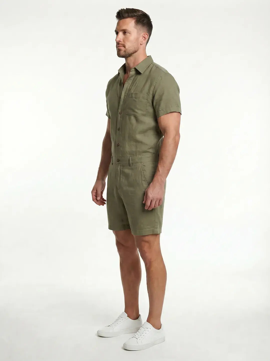 Olive Men's Linen Romper — side profile