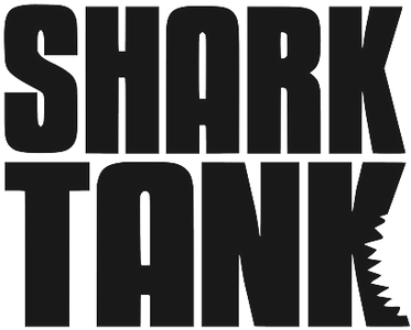 Black 'Shark Tank' logo with a shark mouth design on a white background