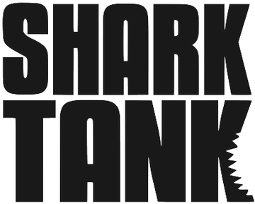 Black 'Shark Tank' logo with a shark mouth design on a white background